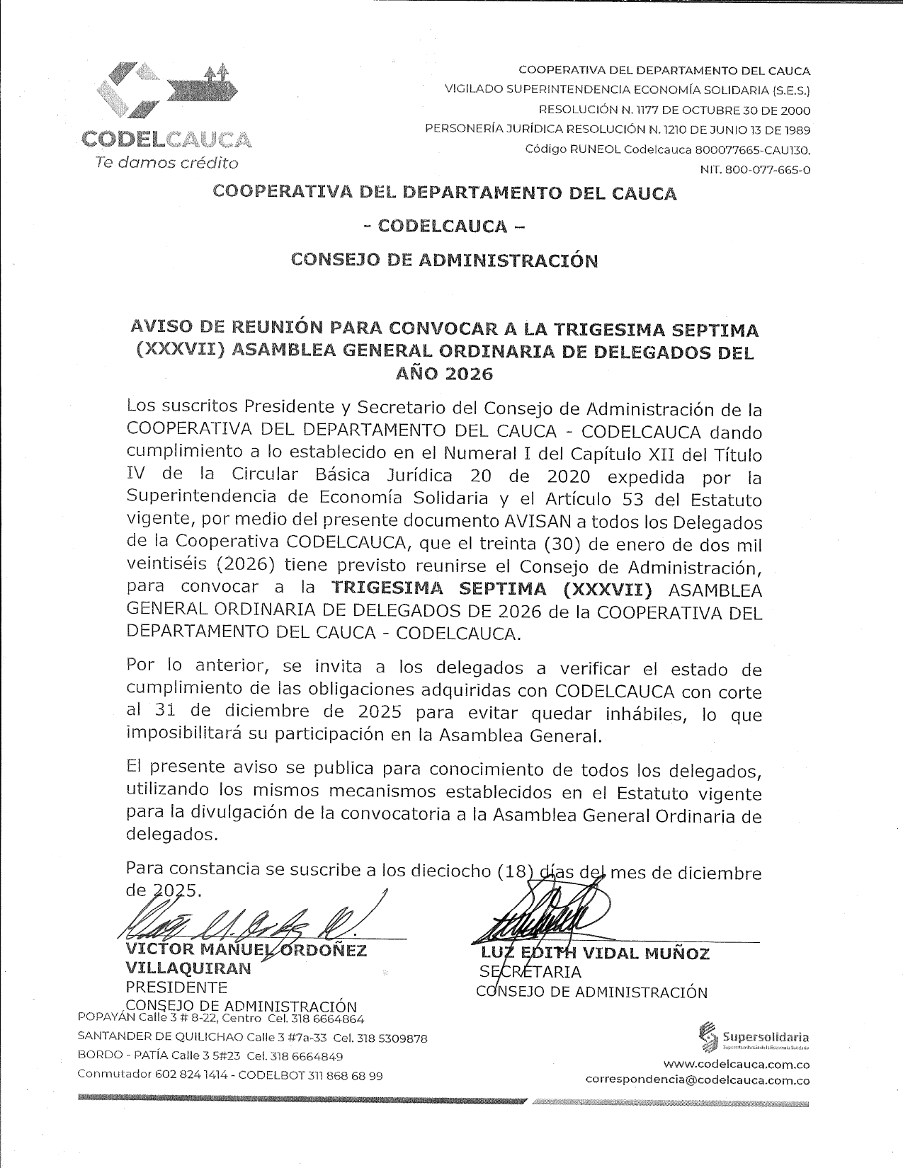 AVISO DE REUNIÓN PARA CONVOCAR A LA TRIGESIMA SEPТІМА (XXXVII) ASAMBLEA GENERAL ORDINARIA DE DELEGADOS DEL AÑO 2026